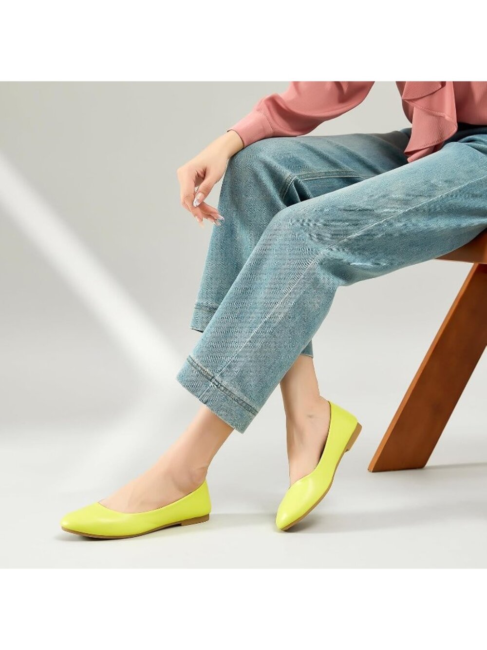 Women's Lemon Yellow Leather Ballet Round Toe Comfortable Flats Slip On Shoes - Picture 2 of 6